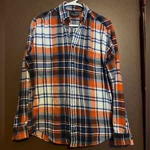 Casual Plaid Button-Down Shirt - Orange, Blue, White size medium